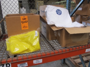 LOT TON INCLUDE: (30) COVERALL, XXXL SIZE, HAZARDOUS MATERIAL / CHEMICAL PROTECTION KIND, SRANEX-LAMINATED TYVEK WITH NSR SEALED SEAMS MATERIAL, WHITE COLOR. ZIPPERED FRONT, ATTACHED HOOD AND BOOTS, AND ELASTIC WRISTS, (12) SUITS, RAIN TYPE, X-LARGE SIZE, YELLOW COLOR. WAIST LENGTH JACKET WITH ATTACHED HOOD, SNAP FRONT WITH STORM FLY. BIB STYLE TROUSER, PLAIN FRONT, ADJUSTABLE ELASTIC SUSPENDERS, (75) COVERALLS, XXL SIZE, ASBESTOS REMOVAL KIND, TYVEK FABRIC MATERIAL, WHITE COLOR. SUIT TYPE WITH BOOTS, 25 PER CASE. LOADING & HANDLING FEE $15-4202